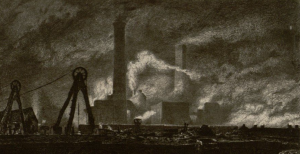 a black and white sketch of dark skies and furnaces