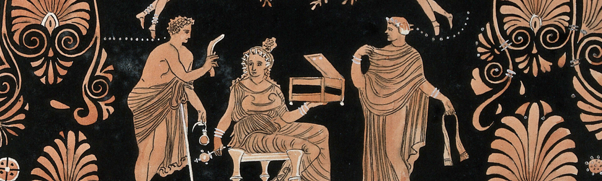 Detail of the decoration of a red-figured Greek vessel showing a seated woman holding an open casket (Pandora ) surrounded by two men and the feet of two winged figures are just visible at the top of the image. It is Watercolour by A. Dahlsteen, It is a public domain image from Wellcome Collection