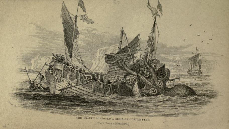 An old engraving of a Kraken attacking a ship